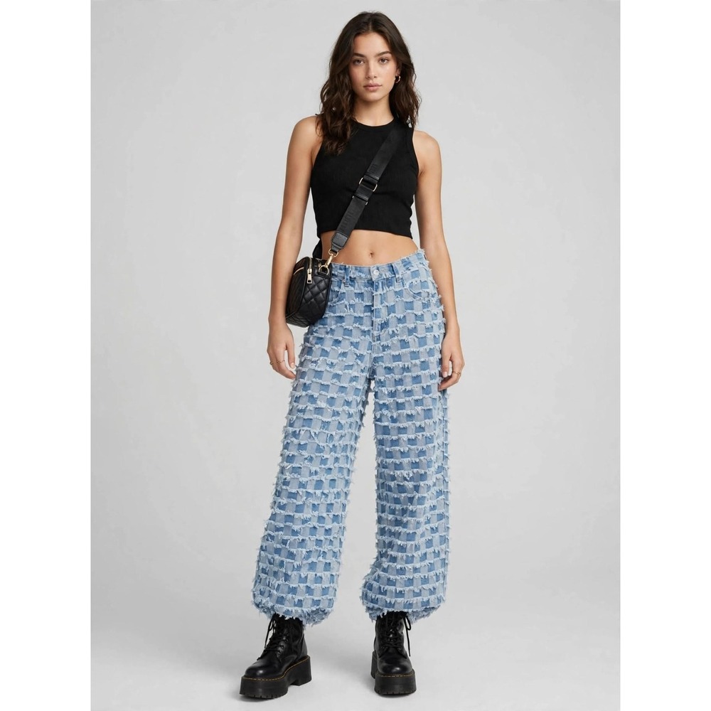NWT pretty little thing checkerboard frayed wide leg jean size 4 USA Grunge Punk
